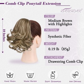 BARSDAR Drawstring Ponytail Extension, 10 Inch Short Wavy Highlight Ponytail Extensions for Women Synthetic Comb Clip in Ponytail Hairpieces Fake Pony Tails - Medium Brown with Highlights