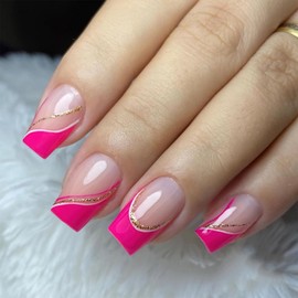 Mkwntg Pink Press on Nails Medium Square Fake Nails French Tip False Nails with Gold Glitter Line Designs Glossy Full Cover Glue on Nails Hot Pink Artificial Nails for Women Girls Nail Decor 24Pcs