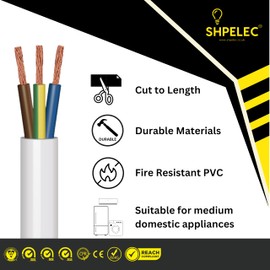 SHPELEC® FLEXIBLE White Cable 3183Y 0.75mm, 1.0mm, 1.5mm, 2.5mm BASEC Approved White PVC LED Lighting 5m 10m 15m 20m 50m (1.5mm 3 Core - 5metres)
