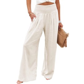 JASPAL Women Casual High Waisted Palazzo Pants Wide Leg Long Lounge Trendy Trousers with Pocket-XL-White