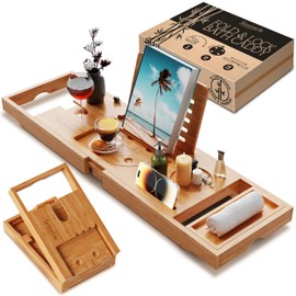 SereneLife Premium Bathtub Tray Caddy with Gift Box and Bow Set, Expandable Bath Tray, Unique House Warming Gifts for Mom, Women, Wedding, Anniversary, Bridal Shower, Fit for All Tub - Classic