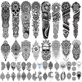 Yazhiji 48 Waterproof Temporary Tattoos For Adult, Tribal Vintage Black Lotus Temporary Tattoos for Men Women, Mandala Full Arm Fake Tattoo Bohemia Mandala Flower Fake Arm Tattoos for Boys Girls