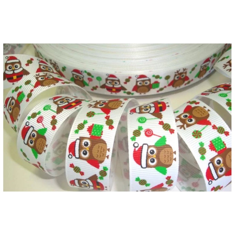 7/8 CHRISTMAS CANDY HOOTS LOLLIPOPS & PRESENTS GROSGRAIN RIBBON OWL