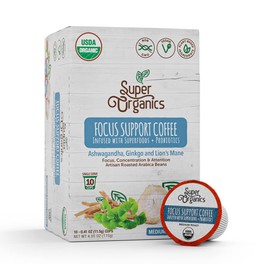 Super Organics Focus Support Coffee Brew Cups With Superfoods & Probiotics, Adaptogens, Medium Roast, USDA Certified, Vegan, Non-GMO, 10 count