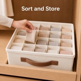 Closet Storage Box with Dividers for Underwear and Socks - Foldable 20-Grid Fabric Organizer for Bras, Ties and Small Garments 20 Grid