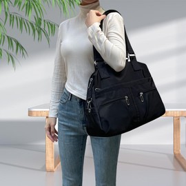 XLEYMID Nylon Tote Bag for Women Shoulder Tote Bag with Zipper Waterproof Nylon Purse and Handbags Lightweight Hobo Bag, Balck