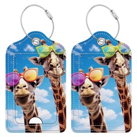 Bvkilrvc 2 Pcs Luggage Tag for Suitcase, Funny Giraffe Unique Leather Suitcase Tags with Full Privacy Cover Stainless Steel Loop for Women Men Travel Baggage Bag Backpack