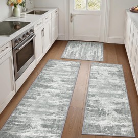GENIMO Kitchen Rugs Sets of 3 Non Slip Washable Kitchen Mats for Floor, Waterproof Abstract Kitchen Runner Rug, Floor Mat Carpet for Hallway, Laundry, Sink, Entryway, Bathroom, White