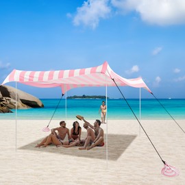 Beach Tent Canopy, UPF 50+ UV Protection Beach Sun Shade, Portable 10×10 FT Large Pop-Up Tent Sun Shelter with Sand Anchors, Ground Pegs, Easy Setup for Camping, Park, and Backyard Fun-Pink Stripe