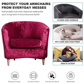 MIFXIN 2 Piece Tub Chair Covers Crushed Velvet Stretch Club Chair Slipcover with Cushion Cover Round Barrel Chair Couch Armchair Furniture Protector for Living Room Club Bar Counter (Red)