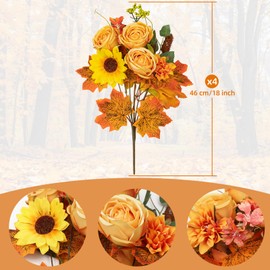 4 Pcs Fall Artificial Flowers Fall Golden Faux Flower Bouquet Autumn Silk Rose Sunflower Pinecone for Home Wedding Thanksgiving Centerpieces Arrangements Party Home Decoration