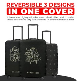 WanderWrap Reversible Luggage Covers & Protectors - Versatile & Washable Luggage & Suitcase Covers | Anti-Scratch Suitcase Cover for Travel (Black City Codes, Medium 58-63 x 38-42 x 23-27cm)
