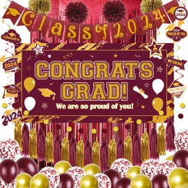 Graduation Decorations Class of 2025, Maroon and Gold Class of 2025 Banner Congrats Grad Backdrop Paper Pompoms Hanging Swirls and Balloons for 2025 Graduations Party Decorations Supplies