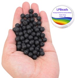 LPBeads 100PCS 8mm Natural Black Lava Beads Gemstone Round Loose Beads for Jewelry Making with Crystal Stretch Cord