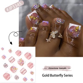 White French Tip Press on Toenails Short Square Fake Toe Nails with Gold Butterfly Design Glitter Rhinestone Stick on Toenails Acrylic Flower Full Cover Toenail for Women Pink Toenail Press Ons Summer