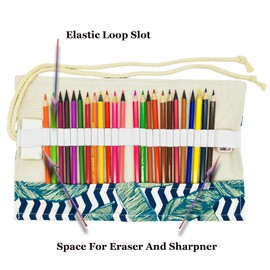 Lopenle Palm Leaves Colored Pencil Wrap Canvas Pencils Case Roll Up Holders Pencil Organizers for Artist Adult Coloring Travel Storage With 24 Slots(Selva)