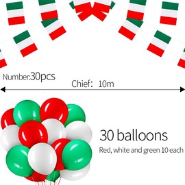 Italian Flag Set-10m Italian Rope Flag 30pcs 10 Italy Hand Flags 30 Balloons (10 Each of Red, White and Green) 2 Italian Stickers For Italian Celebration Theme Party Decorations