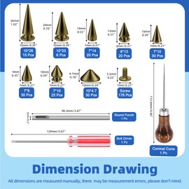 Glarks 355pcs Antique Brass Punk Spikes and Studs Kit, 7 Sizes Zinc Alloy Cone Spike and Stud Rivet, Metal Leather Tree Spikes Studs with Scratch Awl Screwdriver Punch for Punk Clothing Jacket Shoes Wallet
