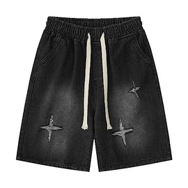 POHADON Y2K Blue Denim Shorts Summer Casual Loose Straight Leg Unisex Baggy Jeans Shorts Jorts Grunge Harajuku Streetwear (Black,S)