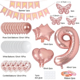 9th Birthday Decorations for Girls, Rose Gold 40 Inch Age 9 Foil Birthday Balloons with Happy Birthday Banner and Butterfly Stickers, for Baby Shower, Girls Women Birthday Party