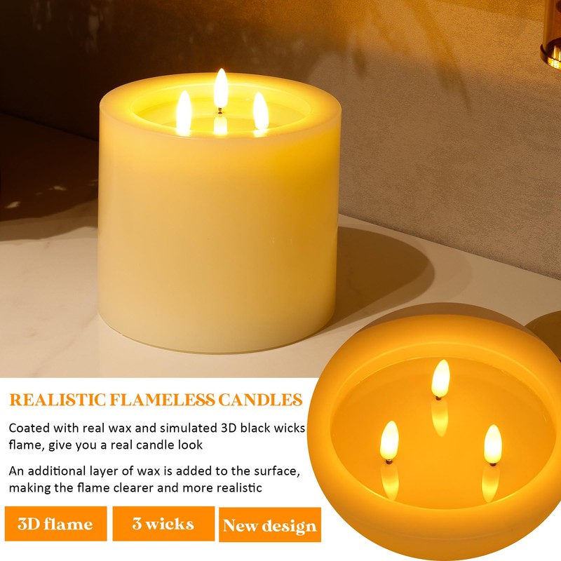 AFINETH Extra Large Flameless Candles with 3 Wicks, 6"x6" Real