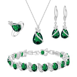 GZWHD Green Emerald Jewelry Set for Women Mother Gift Silver Teardrop Earrings Necklace Ring Bracelet Set
