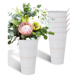 vensovo 12 Inch Galvanized Metal Vases for Flowers - 6 Pcs Farmhouse Decorative Tall Flower Bucket with Handles, Rustic French Tin Planter Buckets for Wedding Decor (White)