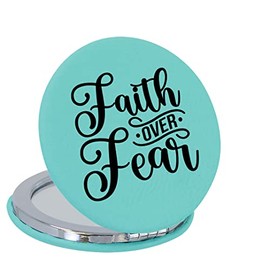 Enthoozies Faith Over Fear Religious Teal Laser Engraved Leatherette Compact Mirror - Stylish and Practical Portable Makeup Mirror - 2.5 Inch Diameter