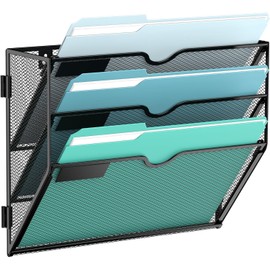 SUPTIDY 3-Tier Wall File Organizer, Mesh Hanging File Organizer, Assembly Needed, Mail Paper Organization Hanging File Folder Holder Magazine Rack, Wall Organizer for Clipboard, Black