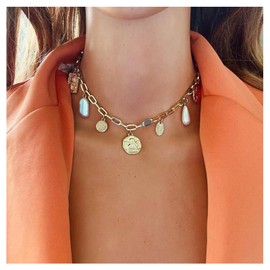 Gold Charm Necklace Layered Choker for Women Beach Summer Jewelry Gift Adjustable Dainty Chain Accessories