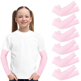 PODALOA 6 Pairs Arm Sleeves For Kids Child 4-10 Years Old,Unisex Sport Cooling Compression Cover UV Sun Protection Arm Cover (Pink)