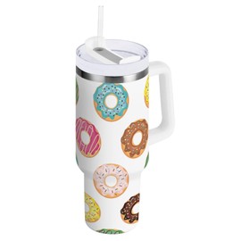 pnyoin 40 oz Tumbler with Straw Lid and Handle, Insulated Tumblers Stainless Steel Car Handle Water Mug for Home Office Car Travel(White Donut)