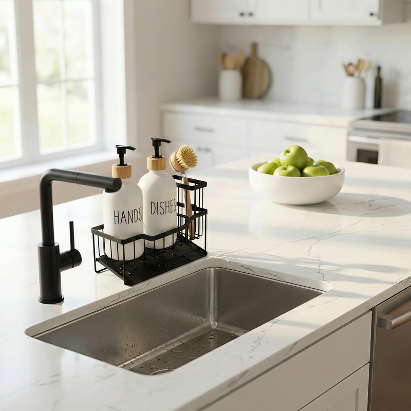 Kitchen Dish Soap Dispenser Set with Sponge Holder, 12OZ Glass