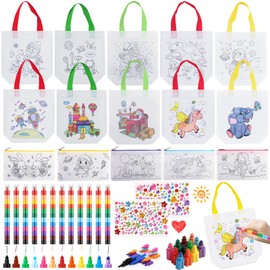 DIY Children's Fabric Bag Set, DIY Fabric Bags for Painting, 10 Pieces Bags for Painting for Children and 10 Pieces Stackable Wax Crayons, Perfect for Children's Birthday Party Favors, Craft Set