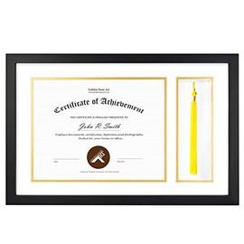 Golden State Art, Diploma Tassel Shadow Box 11x17.5 Frame for 8.5x11 Document/Certificate, with Double Mat (White Over Gold), Tassel Holder & Real Glass, Black