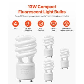 VEVOR 4-Pack CFL Light Bulbs, 13W Compact Fluorescent Spiral Bulbs with 2700K Warm Light, 900lm Luminous Flux, Twist and Lock GU24 Base, Ideal for Bedrooms, Study Rooms, Living Rooms, Commercial Use