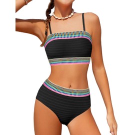 DONWEN Girl Swimsuit Size 9-10 Bathing Suit for Girls Colorblock Trim Bandeau Bikini Set High Waisted Ribbed Woven Girls Two Piece Swimsuits with Padding Black