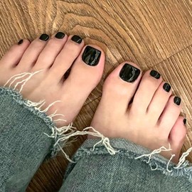 Acrylic Press on Toenails Shoer Fake Toenails Square Black Full Cover Toe Nails Glue on Glossy Fake Toe Nail Press ons Artificial Press on Toe Nails for Women Girls 24Pcs