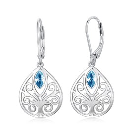 Filigree Dangle Drop Earrings for Women Sterling Silver Teardrop Leverback Earrings with Aquamarine Blue Birthstones (March)