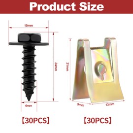 Car Screws and Nut Clip Kit, 30pcs Auto Body Fender Screws and 30pcs Bumper Guard Plate Fixing Bolts, Metal U type Fastener Clip, Car Bumper Screws for Most Car Wheel Arch Cover Undertray Fender