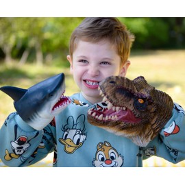 Gemini&Genius Tyrannosaurus & Shark Hand Puppets Dinosaur and Marine Animal World Action Figure Set Funny & Scared Head Hand Puppets for Home, Stage and Class Role Play Toys
