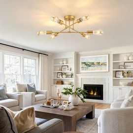 YCZM Modern Sputnik Chandelier, 6-Lights Mid Century Semi Flush Mount Ceiling Light Fixture(Bulbs not Included), Gold Pendant Lamp with Adjustable Angles for Bedroom, Dining Room, Living Room,Kitchen