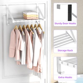 Over The Door Clothes Hanger with 2 Hooks, Stainless Steel Over The Door Hangers for Clothes with Storage Rack, Clothing Hanger Drying Racks for Laundry, Washroom, Fits Door Up to 1.77", White