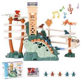 Dinosaur Climbing Slide Toy Racing Track Toy Double Loop Track Slide with Music Dinosaur Climbing Stairs Toy for Children Intelligence Educational Puzzle Playsets from 3 Years, Green