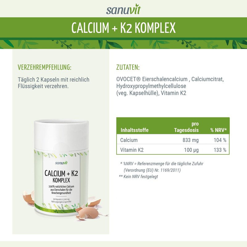 Sanuvit Calcium + K2 Complex 90 Capsules - Pure Product