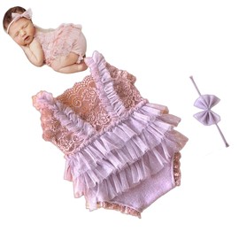 Newborn Baby Girl Photography Props Stretch Romper with Lace Trim & Headband,Newborn Outfit for Photoshot (Pale Purple)
