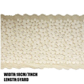 5 Yards Forget-me-not Floral Lace Ribbon Stretchy Embroidered Tulle Lace Trimming Fabric Width 18cm for Hair Accessories Sewing Crafts Wedding Party Decorations(Beige)