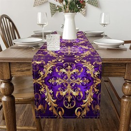 Erosebridal Damask Table Runner 13x48, Vintage Aztec Flowers Table Runners for Dining Living Room, Exotic Bohemian Gold Purple Rectangular Runner, Fashion Victorian Baroque Dresser Runners