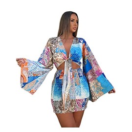 LYANER Women's 2 Piece Outfits Tie Knot Front Bell Long Sleeve Croped Top and Mini Skirt Set Blue Small