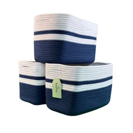 KasaVita Cotton Rope Baskets for Organizing and Storage, Woven Decorative Baskets for Shelves, Books, Toys, Closets. Storage Bins for Living Room, Bedroom, Nursery | Pack of 3 | Blue